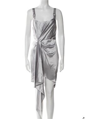 Fleur du Mal Silver Silk Asymmetric Draped Mini Dress with adjustable straps